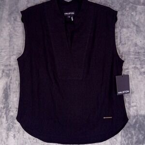 Halston Linen Blend Blouse Womens Medium Black Sleeveless V Neck NWT